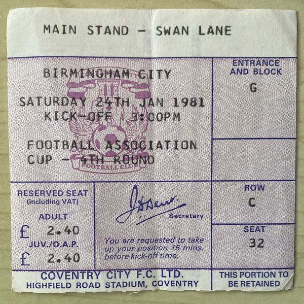 1980/81 ORIGINAL FA CUP 4TH ROUND TICKET COVENTRY CITY V BIRMINGHAM CITY