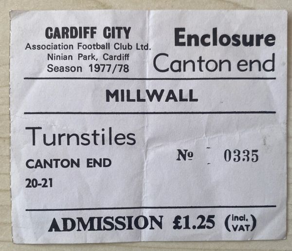 1977/78 ORIGINAL DIVISION TWO TICKET CARDIFF CITY V MILLWALL