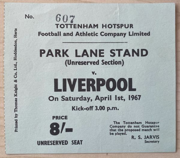 1966/67 ORIGINAL DIVISION ONE TICKET TOTTENHAM HOTSPUR V LIVERPOOL