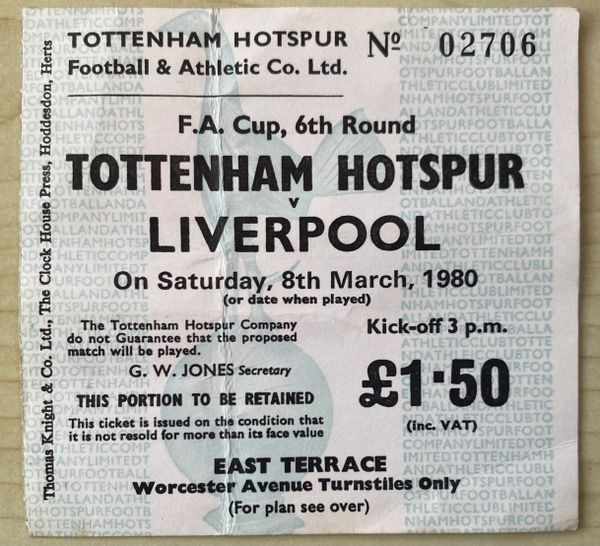 1979/80 ORIGINAL FA CUP 6TH ROUND TICKET TOTTENHAM HOTSPUR V LIVERPOOL