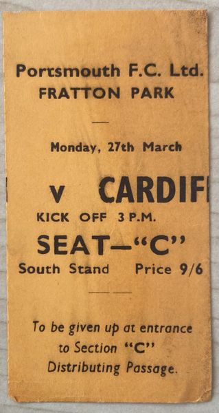 1966/67 ORIGINAL DIVISION TWO TICKET PORTSMOUTH V CARDIFF CITY