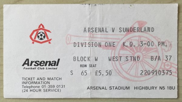 1980/81 ORIGINAL DIVISION ONE TICKET ARSENAL V SUNDERLAND