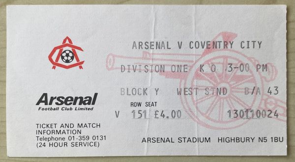 1980/81 ORIGINAL DIVISION ONE TICKET ARSENAL V COVENTRY CITY