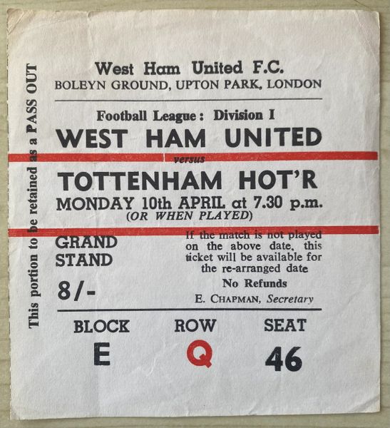 1966/67 ORIGINAL DIVISION ONE TICKET WEST HAM UNITED TOTTENHAM HOTSPUR