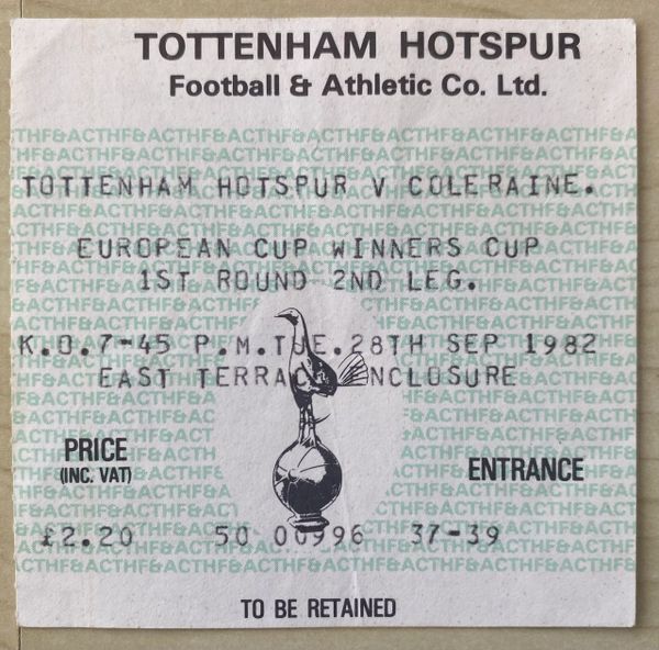 1982/83 ORIGINAL EUROPEAN CUP WINNERS CUP 1ST ROUND 2ND LEG TICKET TOTTENHAM HOTSPUR V COLERAINE