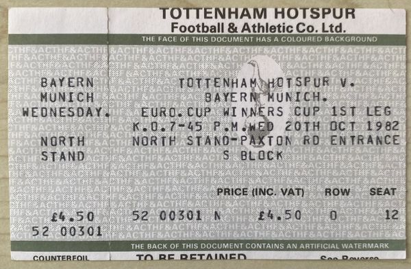 1982/83 ORIGINAL EUROPEAN CUP WINNERS CUP 2ND ROUND 1ST LEG TICKET TOTTENHAM HOTSPUR V BAYERN MUNICH