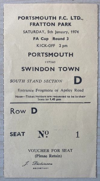 1973/74 ORIGINAL FA CUP 3RD ROUND TICKET PORTSMOUTH V SWINDON TOWN