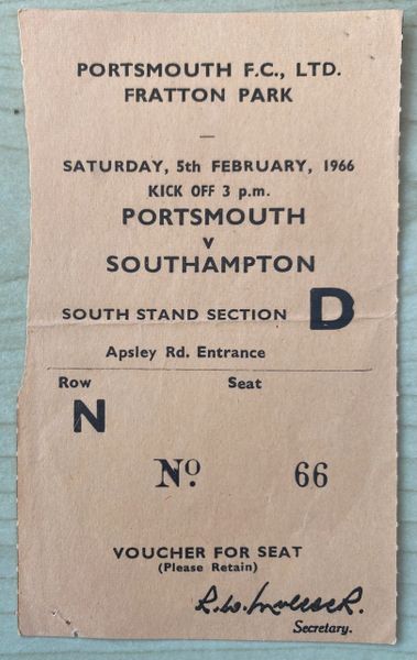 1965/66 ORIGINAL DIVISION TWO TICKET PORTSMOUTH V SOUTHAMPTON