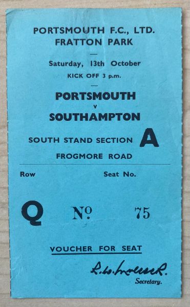 1962/63 ORIGINAL DIVISION TWO TICKET PORTSMOUTH V SOUTHAMPTON