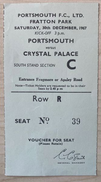 1967/68 ORIGINAL DIVISION TWO TICKET PORTSMOUTH V CRYSTAL PALACE