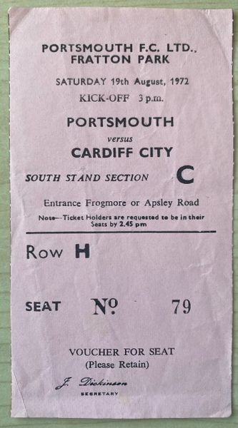 1972/73 ORIGINAL DIVISION TWO TICKET PORTSMOUTH V CARDIFF CITY