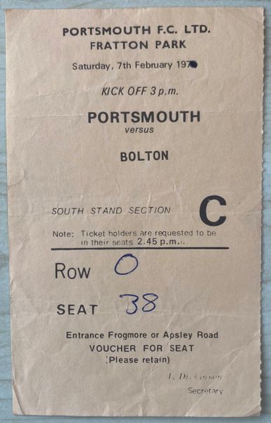 1974/75 ORIGINAL DIVISION TWO TICKET PORTSMOUTH V BOLTON WANDERERS