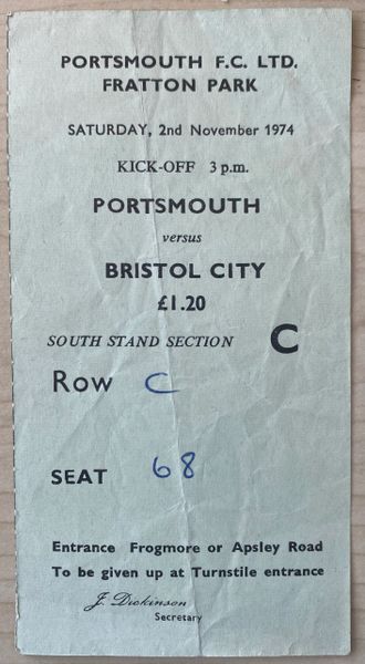 1974/75 ORIGINAL DIVISION TWO TICKET PORTSMOUTH V BRISTOL CITY