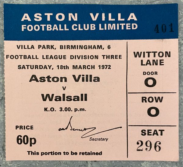 1971/72 ORIGINAL DIVISION THREE TICKET ASTON VILLA V WALSALL