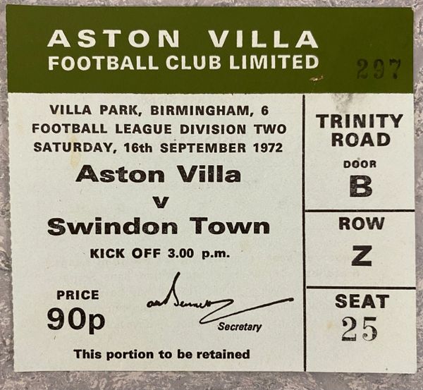 1972/73 ORIGINAL DIVISION THREE TICKET ASTON VILLA V SWINDON TOWN