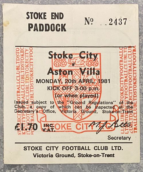 1980/81 ORIGINAL DIVISION ONE TICKET STOKE CITY V ASTON VILLA (VISITORS END)