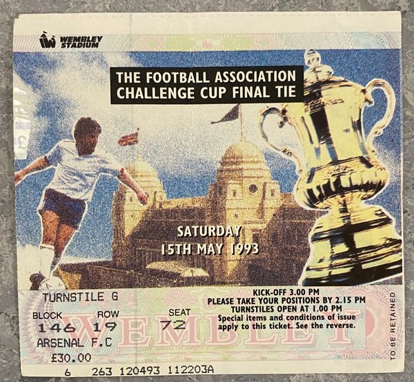 1993 ORIGINAL FA CUP FINAL TICKET ARSENAL V SHEFFIELD WEDNESDAY G 146 19 72 (ARSENAL ALLOCATION)