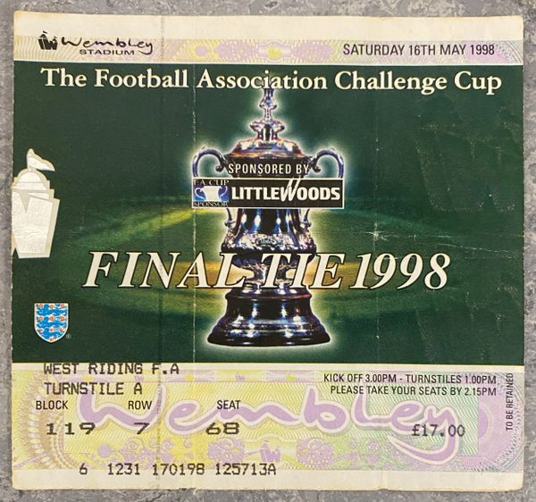 1998 ORIGINAL FA CUP FINAL TICKET ARSENAL V NEWCASTLE UNITED A 119 7 68 (WEST RIDING FA ALLOCATION)