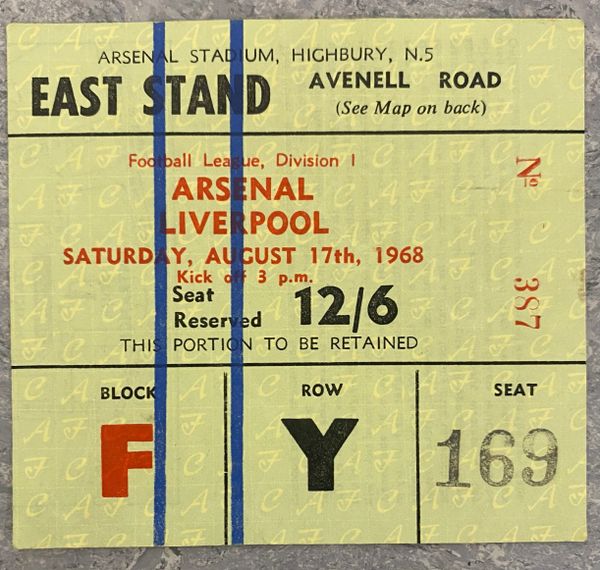 1968/69 ORIGINAL DIVISION ONE TICKET ARSENAL V LIVERPOOL