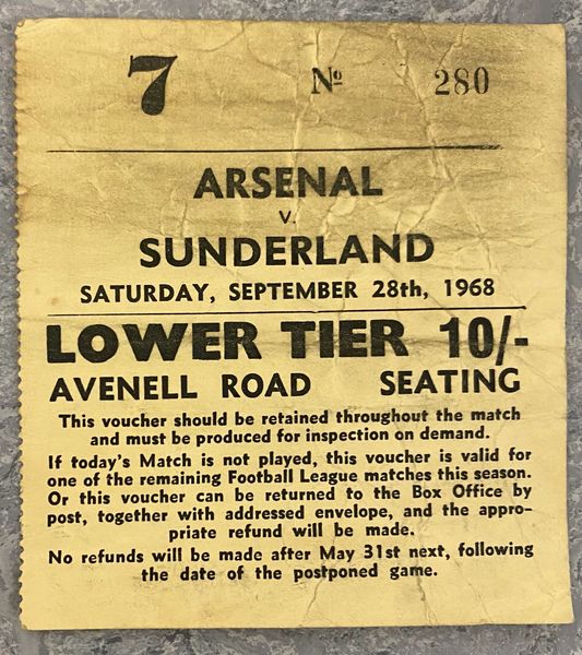 1968/69 ORIGINAL DIVISION ONE TICKET ARSENAL V SUNDERLAND