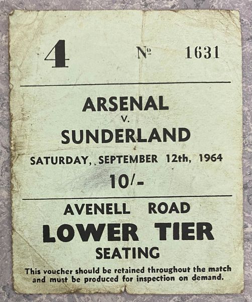 1964/65 ORIGINAL DIVISION ONE TICKET ARSENAL V SUNDERLAND