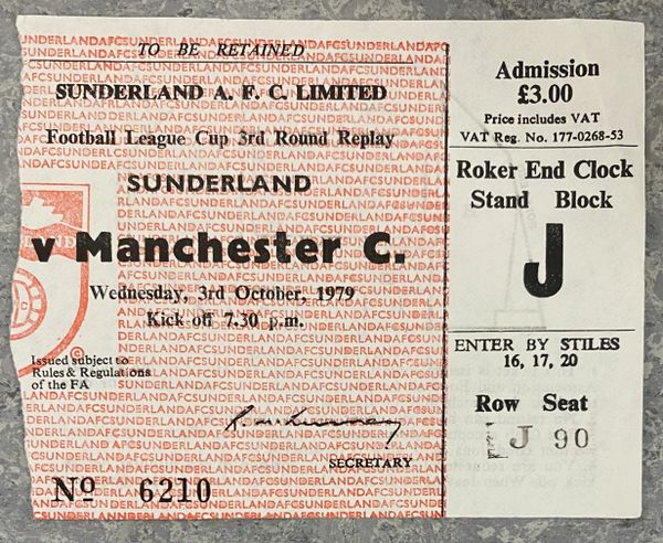 1979/80 ORIGINAL LEAGUE CUP 3RD ROUND REPLAY TICKET SUNDERLAND V MANCHESTER CITY