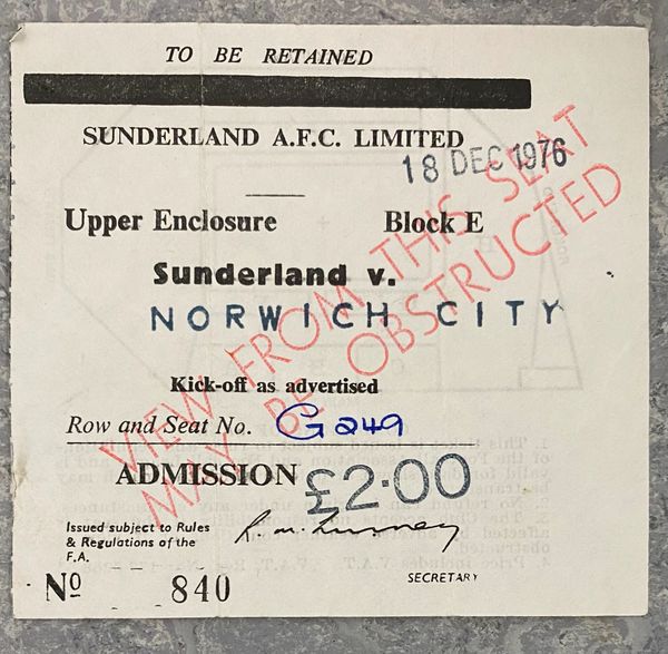 1976/77 ORIGINAL DIVISION ONE TICKET SUNDERLAND V NORWICH