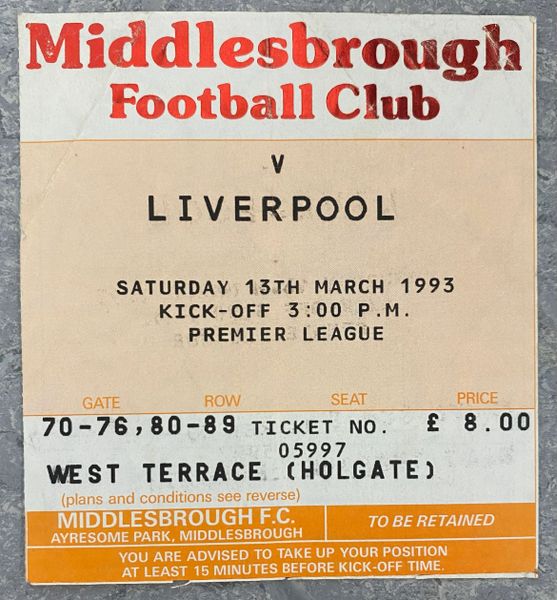 1992/93 ORIGINAL DIVISION ONE TICKET MIDDLESBROUGH V LIVERPOOL