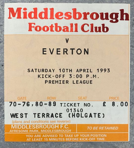 1992/93 ORIGINAL DIVISION ONE TICKET MIDDLESBROUGH V EVERTON