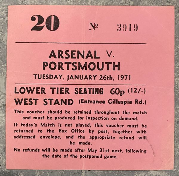 1970/71 ORIGINAL FA CUP 4TH ROUND REPLAY TICKET ARSENAL V PORTSMOUTH