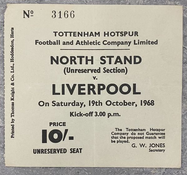 1968/69 ORIGINAL DIVISION ONE TICKET TOTTENHAM HOTSPUR V LIVERPOOL