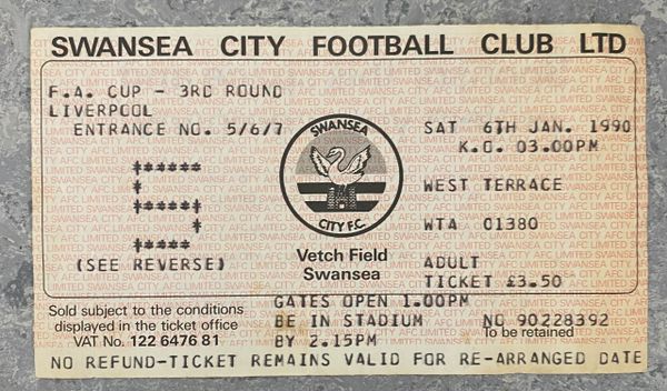 1989/90 ORIGINAL FA CUP 3RD ROUND TICKET SWANSEA CITY V LIVERPOOL