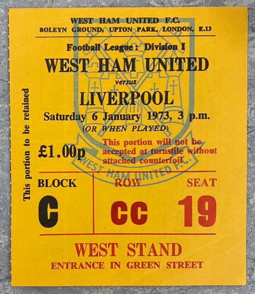 1972/73 ORIGINAL DIVISION ONE TICKET WEST HAM UNITED V LIVERPOOL