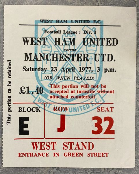 1976/77 ORIGINAL DIVISION ONE TICKET WEST HAM UNITED V MANCHESTER UNITED