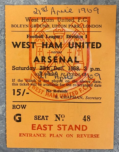 1968/69 ORIGINAL DIVISION ONE TICKET WEST HAM UNITED V ARSENAL