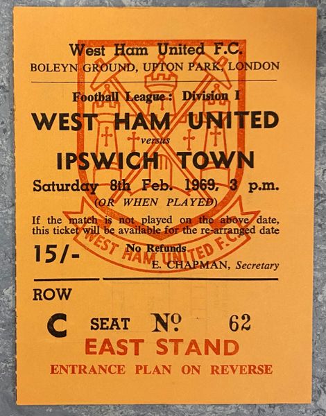 1968/69 ORIGINAL DIVISION ONE TICKET WEST HAM UNITED V IPSWICH TOWN