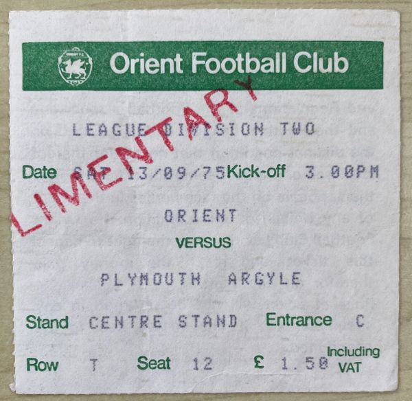 1975/76 ORIGINAL DIVISION TWO TICKET ORIENT V PLYMOUTH ARGYLE