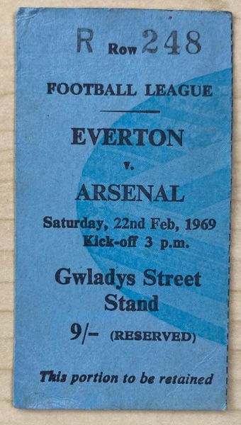 1968/69 ORIGINAL DIVISION ONE TICKET EVERTON V ARSENAL