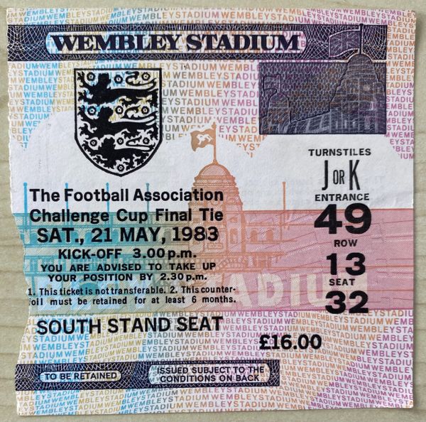 1983 ORIGINAL FA CUP FINAL TICKET MANCHESTER UNITED V BRIGHTON AND HOVE ALBION JK 49 13 32 (LONDON FA ALLOCATION)