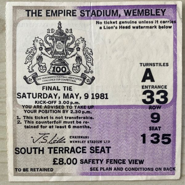 1981 ORIGINAL FA CUP FINAL TICKET TOTTENHAM V MANCHESTER CITY A33 9 135 (GRIMSBY TOWN ALLOCATION)