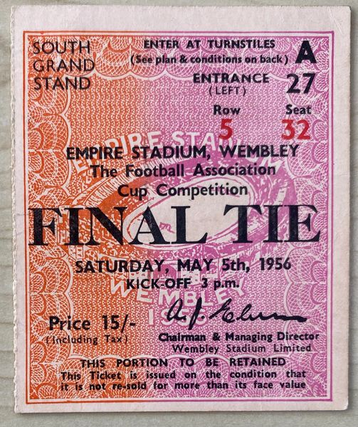 1956 ORIGINAL FA CUP FINAL TICKET BIRMINGHAM CITY V MANCHESTER CITY A27 5 32