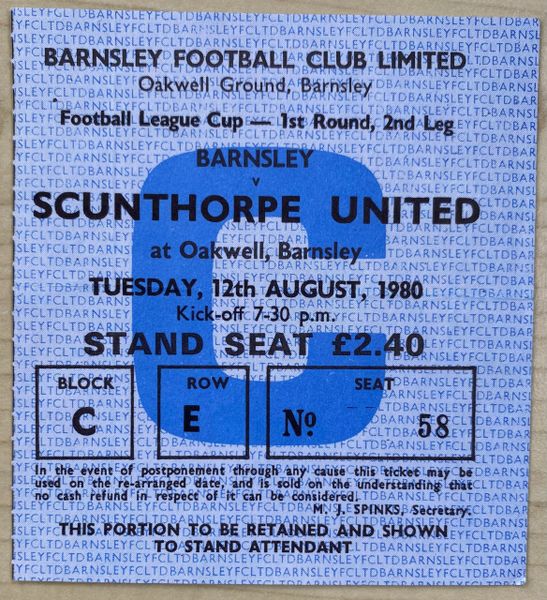 1980/81 ORIGINAL LEAGUE CUP 1ST ROUND 2ND LEG TICKET BARNSLEY V SCUNTHORPE UNITED