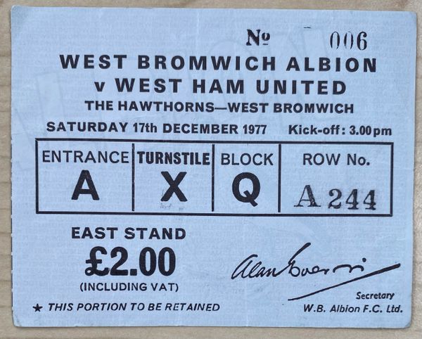 1977/78 ORIGINAL DIVISION ONE TICKET WEST BROMWICH ALBION V WEST HAM UNITED