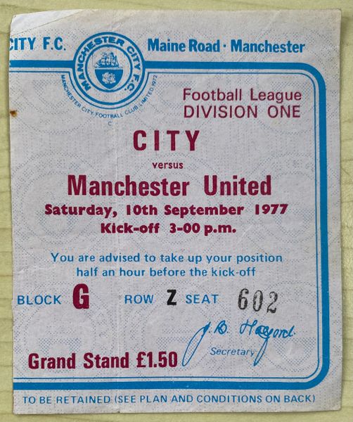 1977/78 ORIGINAL DIVISION ONE TICKET MANCHESTER CITY V MANCHESTER UNITED