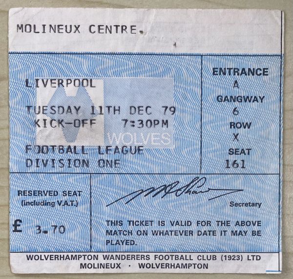 1979/80 ORIGINAL DIVISION ONE TICKET WOLVERHAMPTON WANDERERS V LIVERPOOL