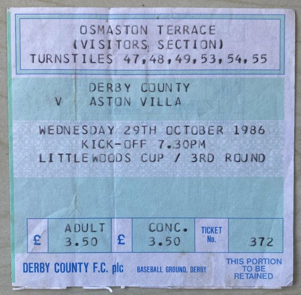 1986/87 ORIGINAL LEAGUE CUP ROUND 4 TICKET DERBY COUNTY V ASTON VILLA (VISITORS END)