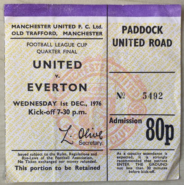 1976/77 ORIGINAL FOOTBALL LEAGUE CUP 5TH ROUND TICKET MANCHESTER UNITED V EVERTON