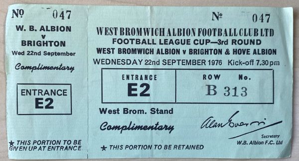 1976/77 ORIGINAL FOOTBALL LEAGUE CUP 3RD ROUND UNUSED TICKET WEST BROMWICH ALBION V BRIGHTON AND HOVE ALBION