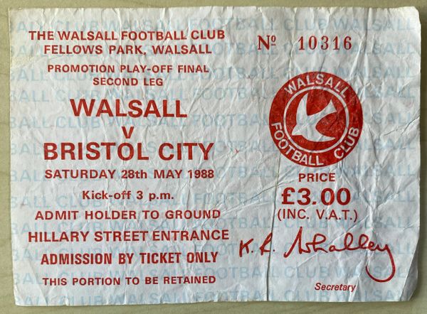 1987/88 ORIGINAL DIVISION THREE PLAY OFF FINAL 2ND LEG TICKET WALSALL V BRISTOL CITY