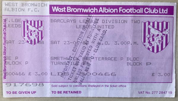 1987/88 ORIGINAL UNUSED DIVISION TWO TICKET WEST BROMWICH ALBION V LEEDS UNITED (LEEDS UTD ALLOCATION)